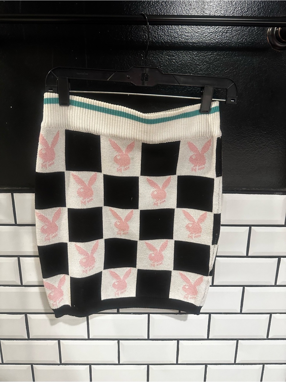 Missguided x Playboy Checker Knit Mini Skirt in Black, White & Pink